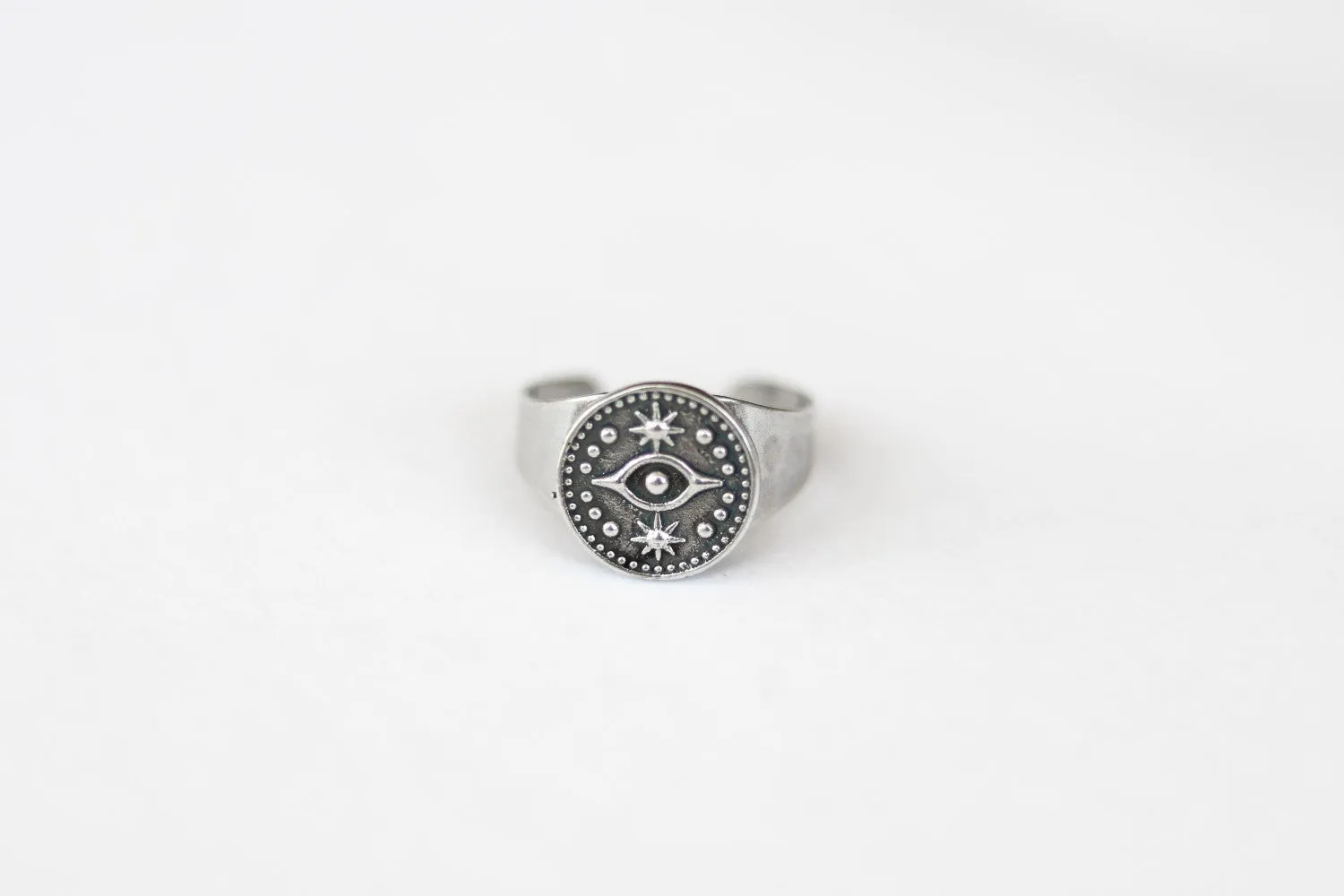 Ring for men, evil eye coin ring, silver men's ring, gift for him, adjustable ring, minimalist mens jewelry, disc medallion, stacking ring