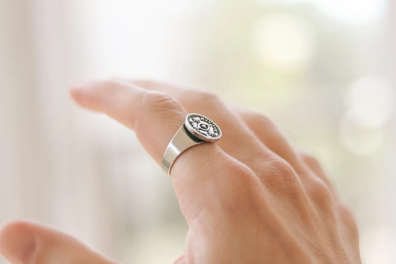 Ring for men, evil eye coin ring, silver men's ring, gift for him, adjustable ring, minimalist mens jewelry, disc medallion, stacking ring