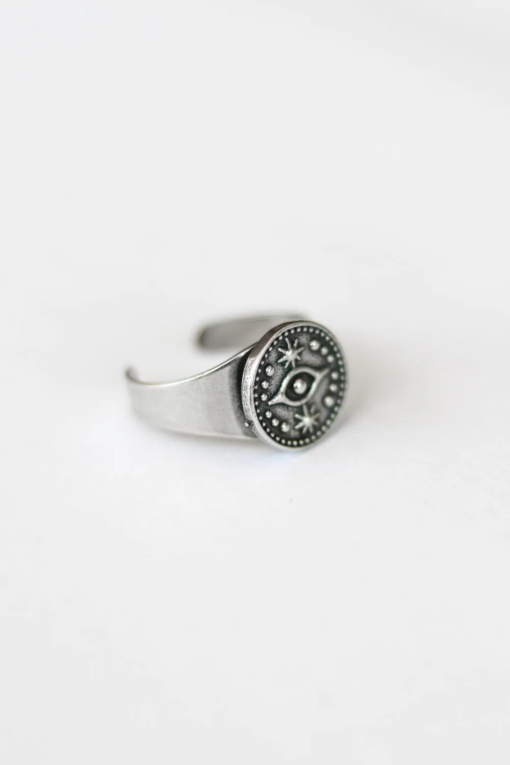 Ring for men, evil eye coin ring, silver men's ring, gift for him, adjustable ring, minimalist mens jewelry, disc medallion, stacking ring