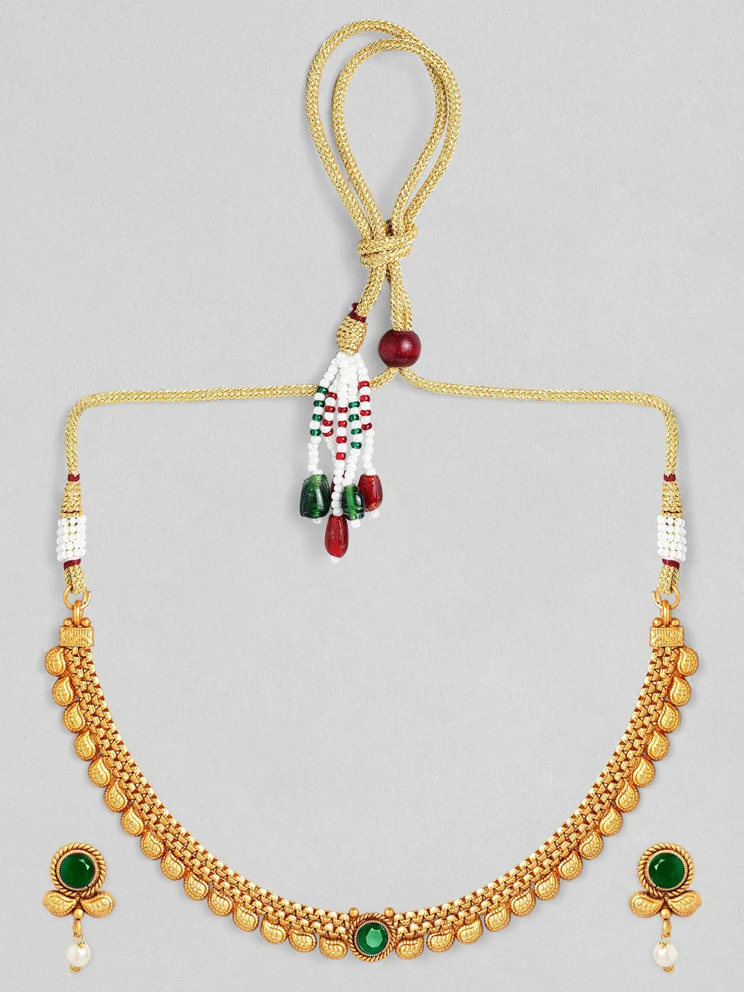 Rubans 22K Gold-Plated Dark Emerald Green Stone & Pearl Beaded Traditional Necklace Set