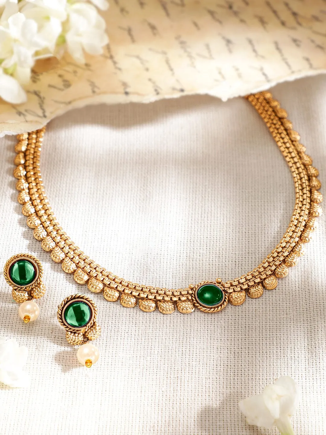 Rubans 22K Gold-Plated Dark Emerald Green Stone & Pearl Beaded Traditional Necklace Set