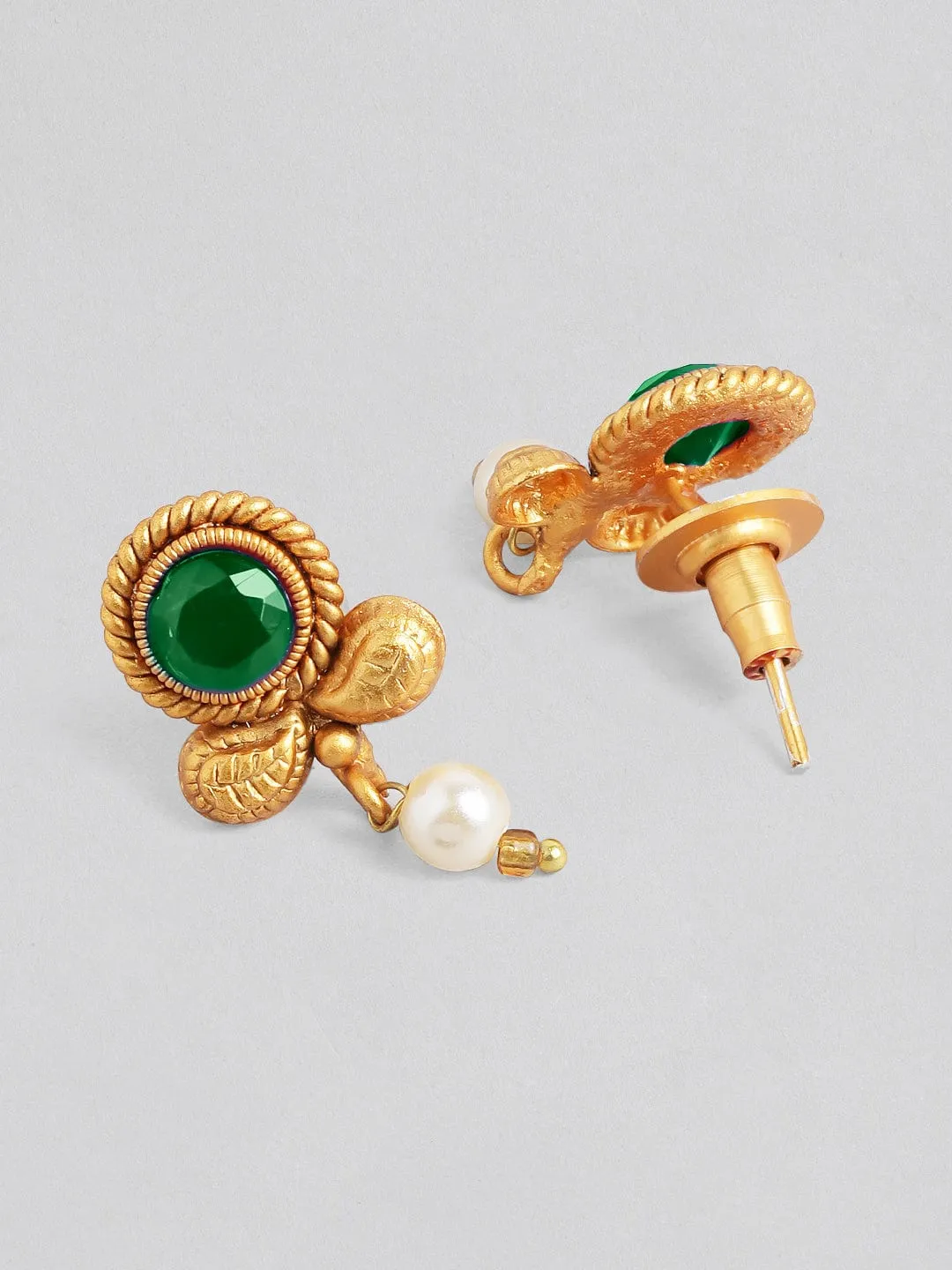Rubans 22K Gold-Plated Dark Emerald Green Stone & Pearl Beaded Traditional Necklace Set