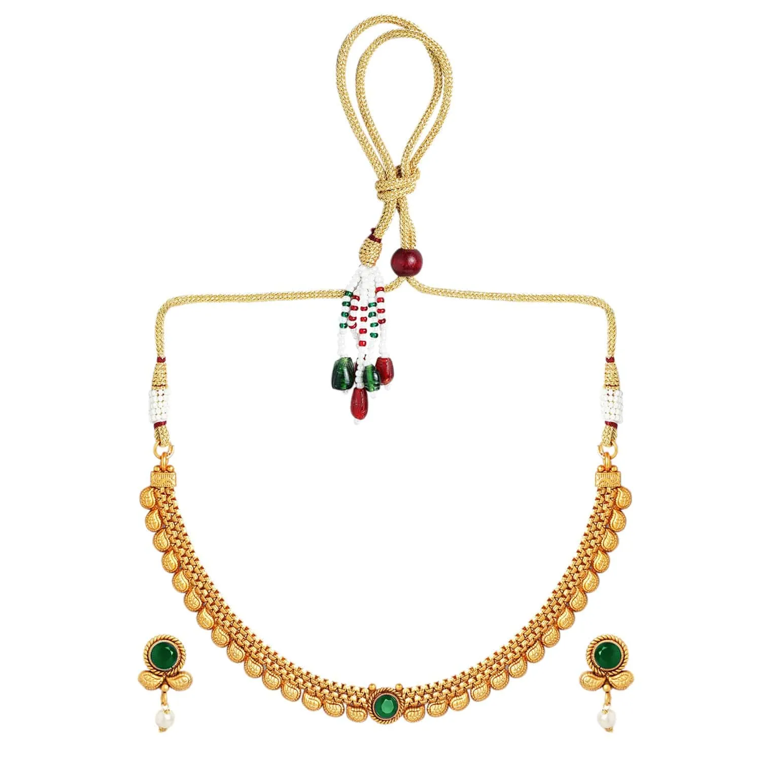Rubans 22K Gold-Plated Dark Emerald Green Stone & Pearl Beaded Traditional Necklace Set