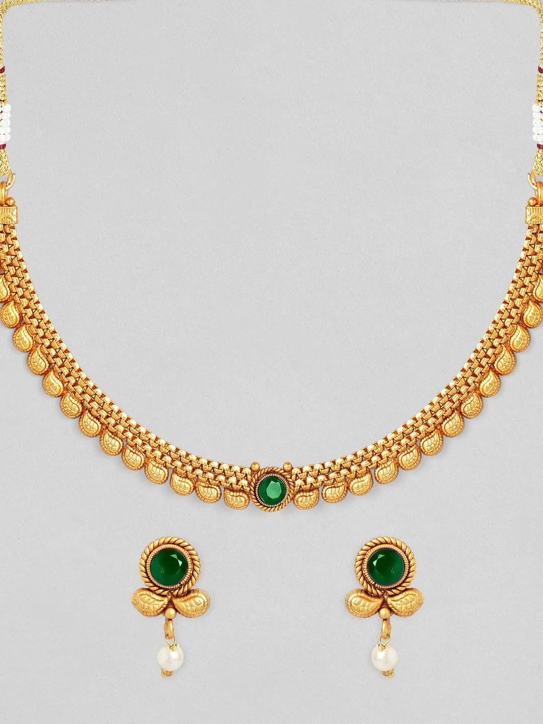 Rubans 22K Gold-Plated Dark Emerald Green Stone & Pearl Beaded Traditional Necklace Set