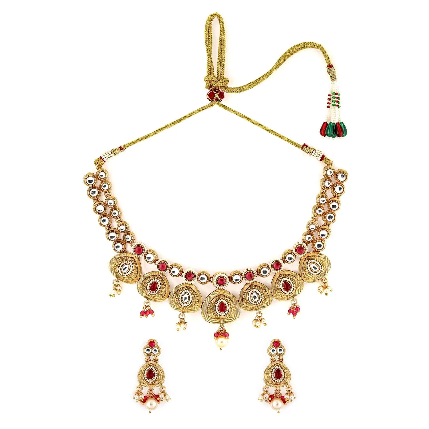 Rubans 22K Gold-Plated Ruby Pink & White Kundan Studded Traditional Necklace Set with Pearl Drops