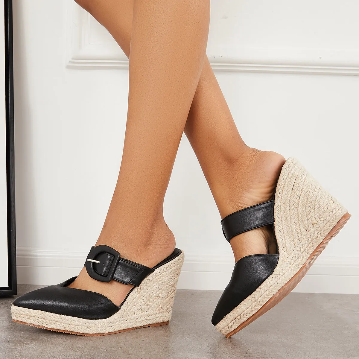 Sohiwoo  Women's Pointed Toe Espadrille Platform Wedges Slip on High Heel Sandals