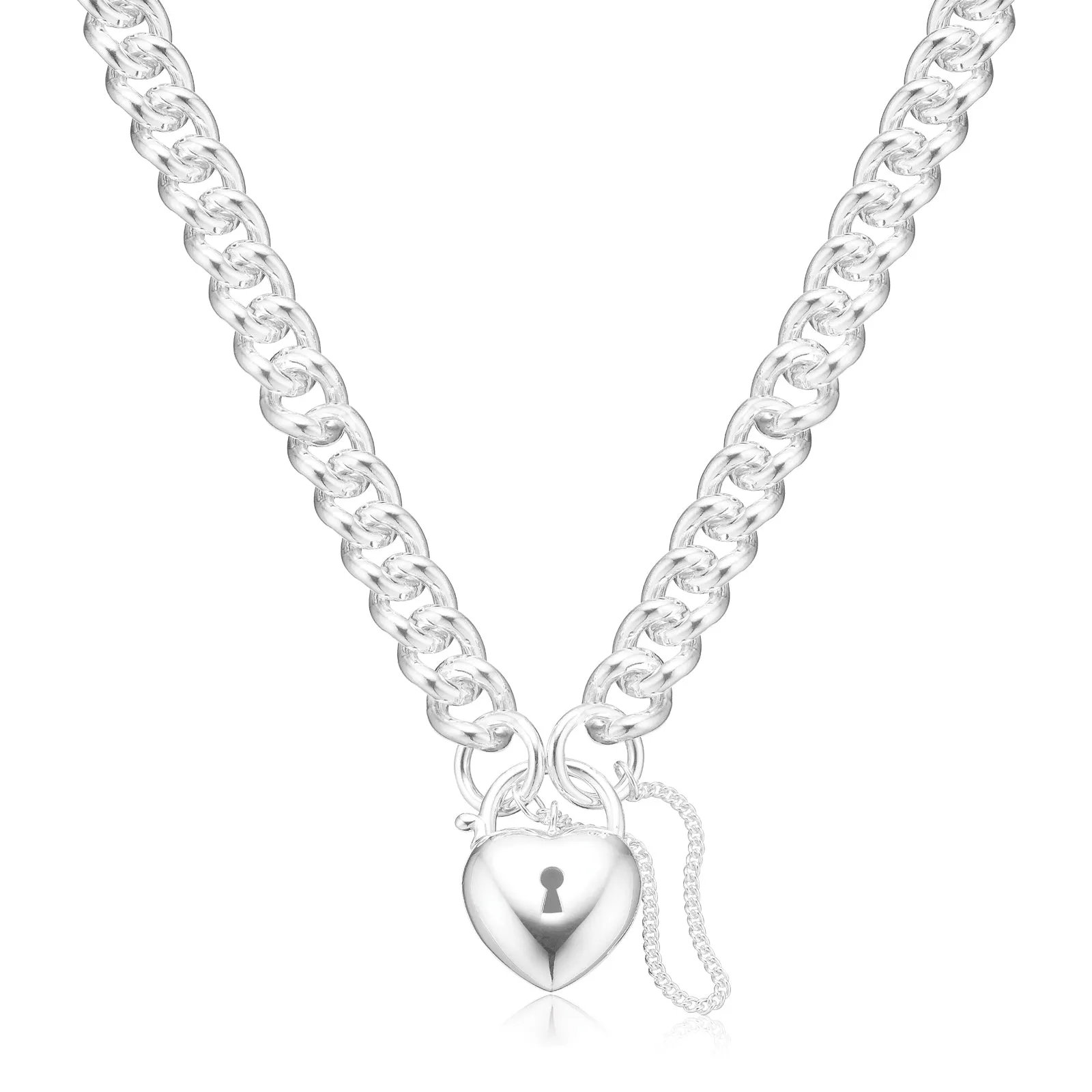 Sterling Silver 45cm Curb Chain with Heart Padlock Necklace