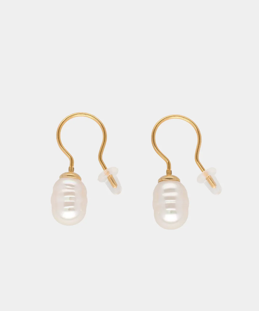 Sterling Silver Gold Plated Fish Wire Earrings for Women with Organic Pearl, 8mm Baroque White Pearl, Agora Collection