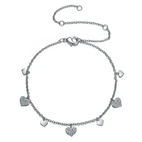 Sterling Silver White Gold Plated Cubic Zirconia Heart Charm Bracelet