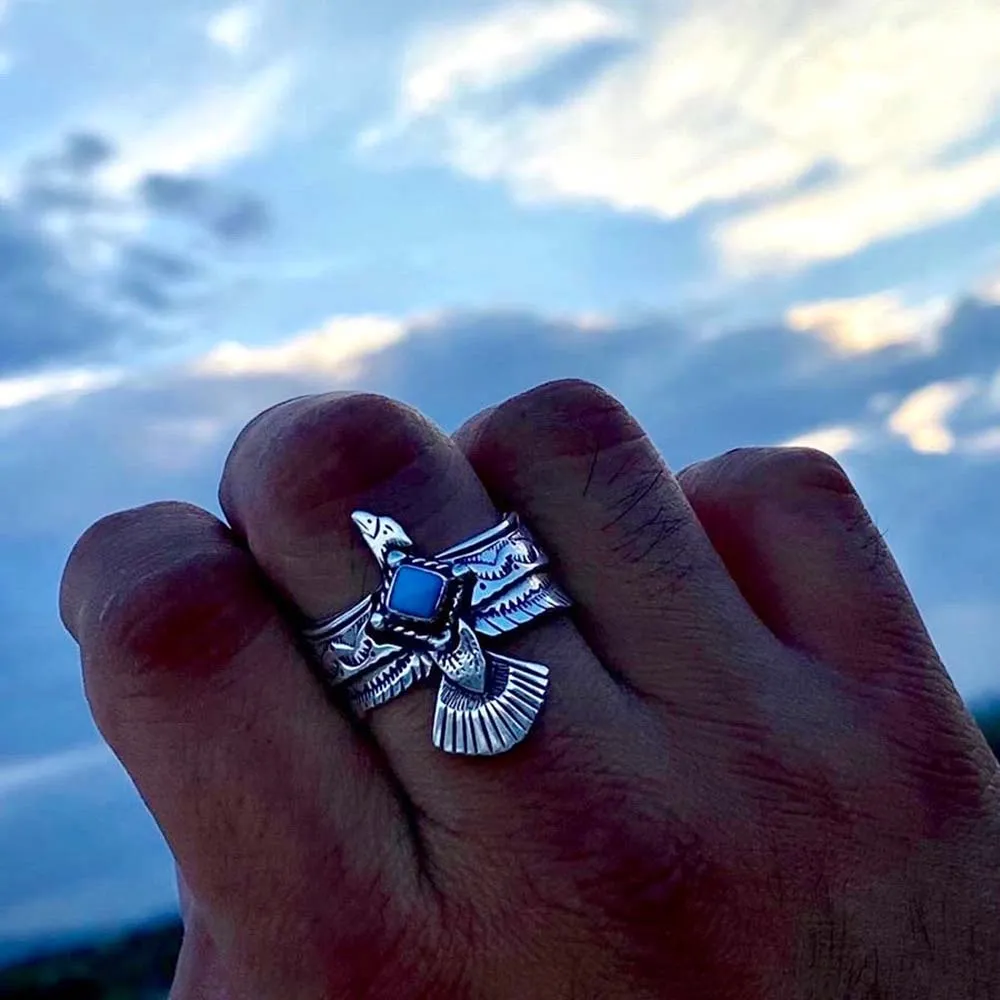 Thunderbird Turquoise Silver Ring Eagle Wings Natural Stone Adjustable Southwestern Native Finger Cuff Great For Stacking Rings!
