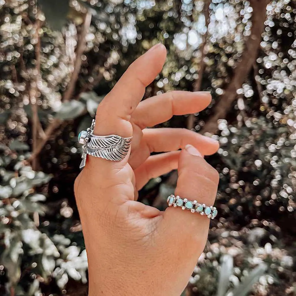 Thunderbird Turquoise Silver Ring Eagle Wings Natural Stone Adjustable Southwestern Native Finger Cuff Great For Stacking Rings!