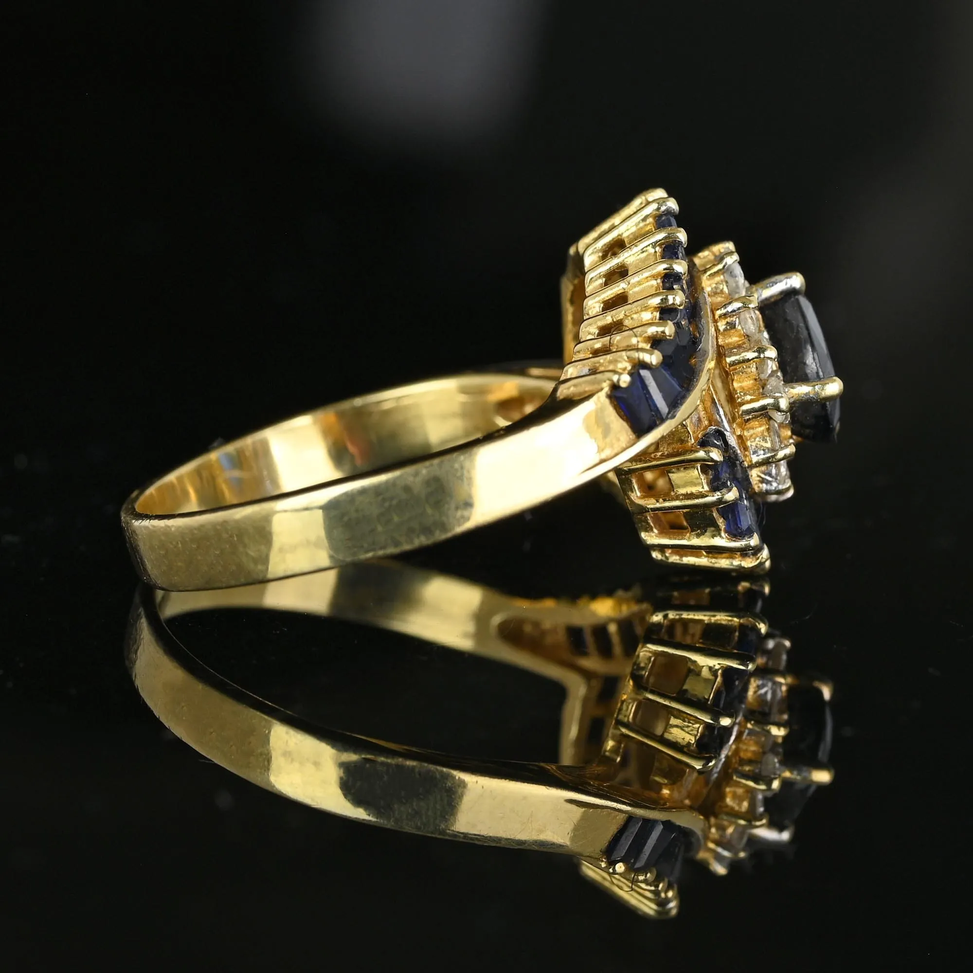 Vintage 14K Gold Bypass Diamond Baguette Sapphire Ring