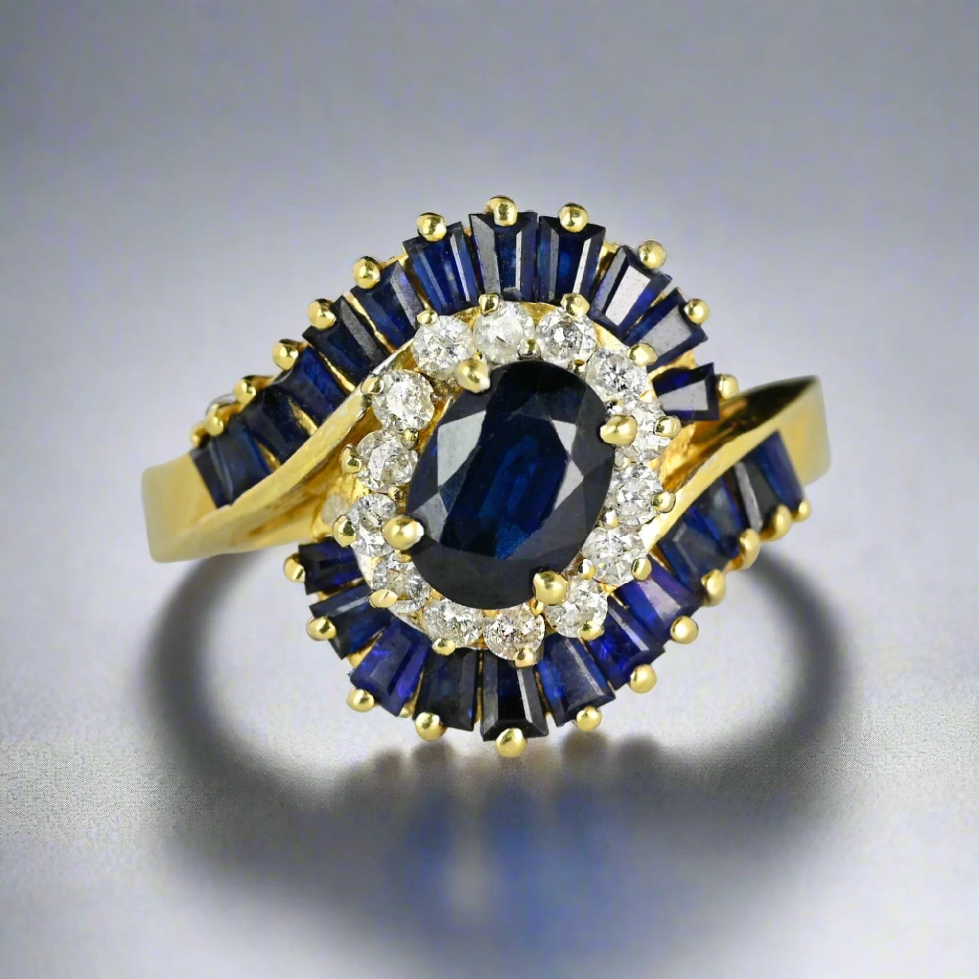 Vintage 14K Gold Bypass Diamond Baguette Sapphire Ring