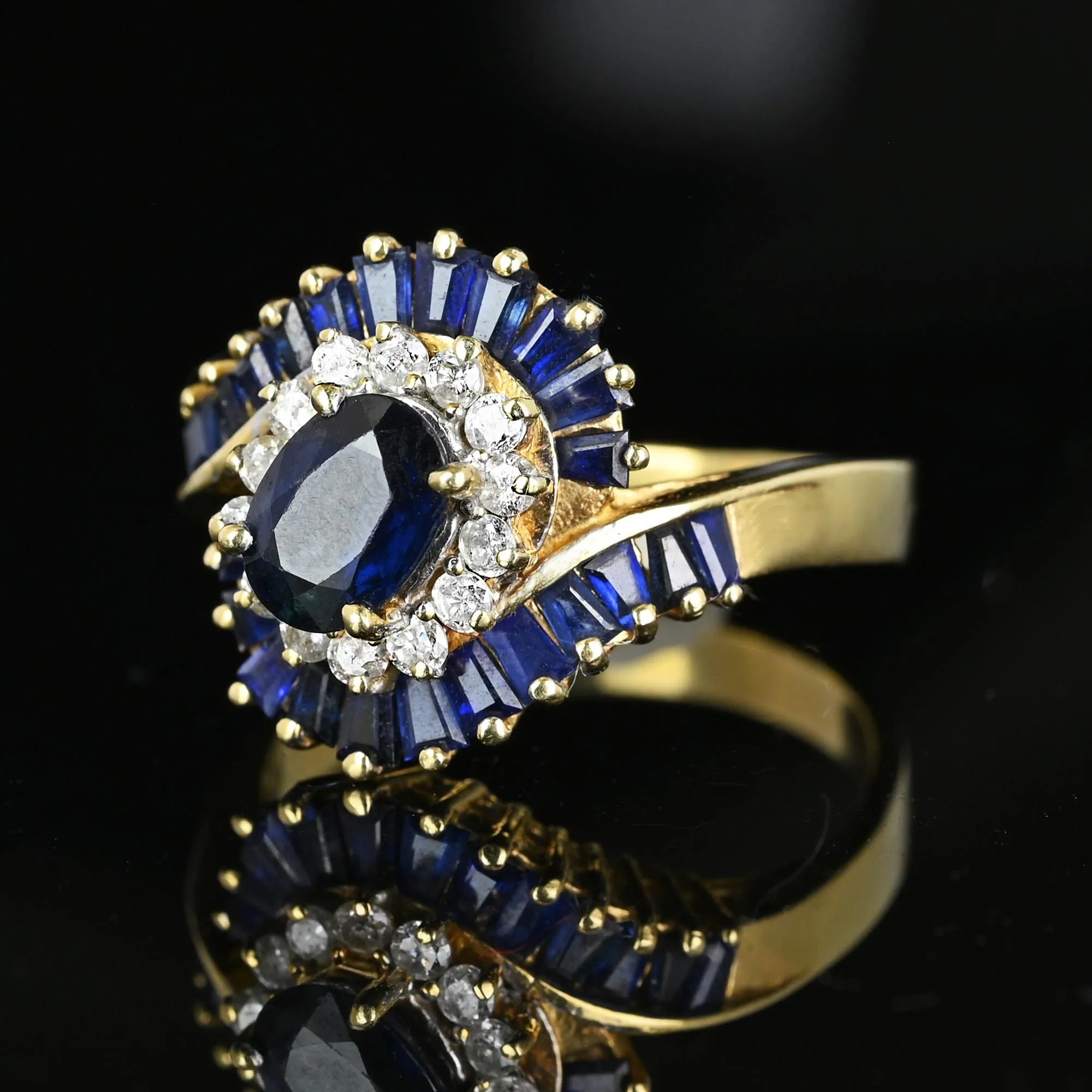 Vintage 14K Gold Bypass Diamond Baguette Sapphire Ring