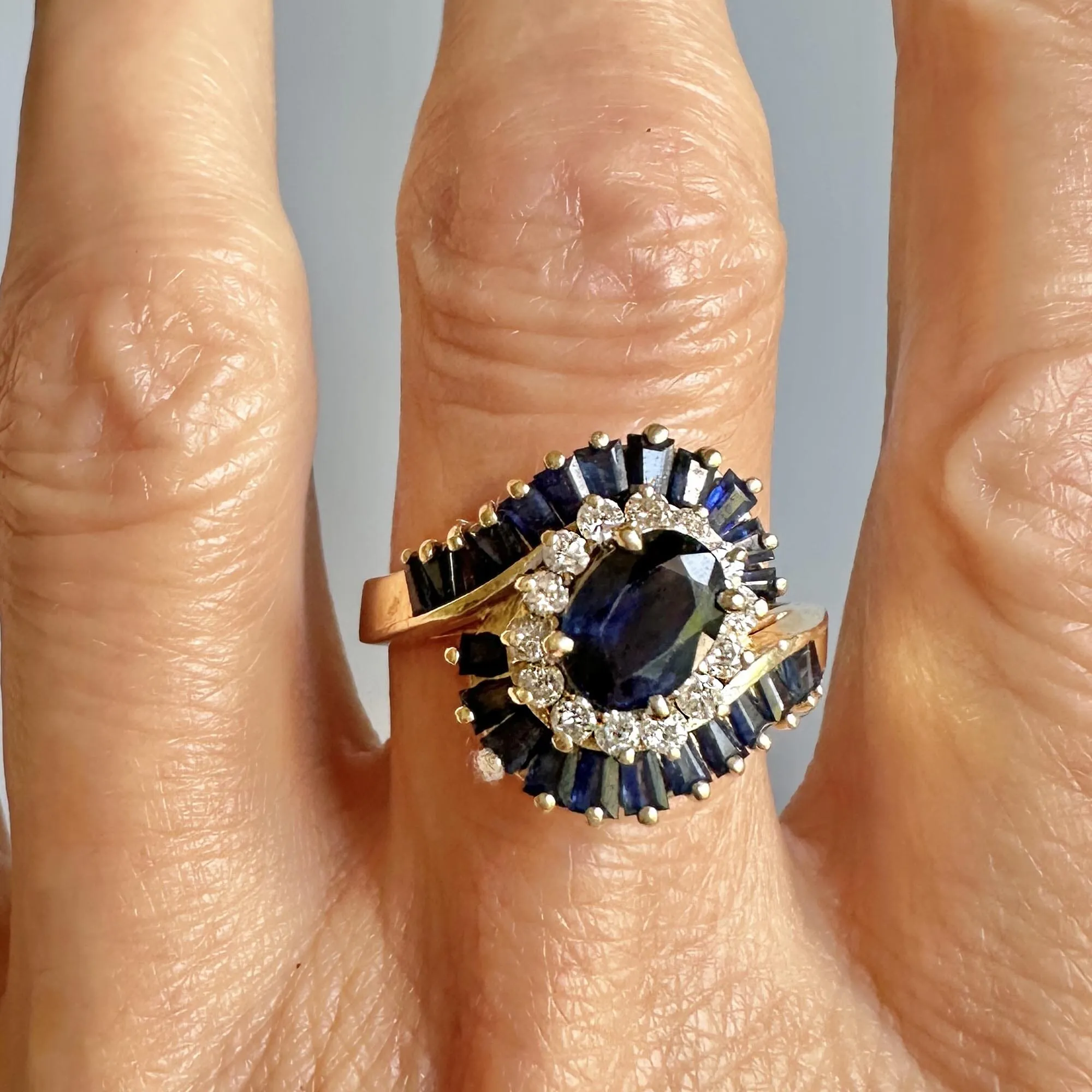 Vintage 14K Gold Bypass Diamond Baguette Sapphire Ring