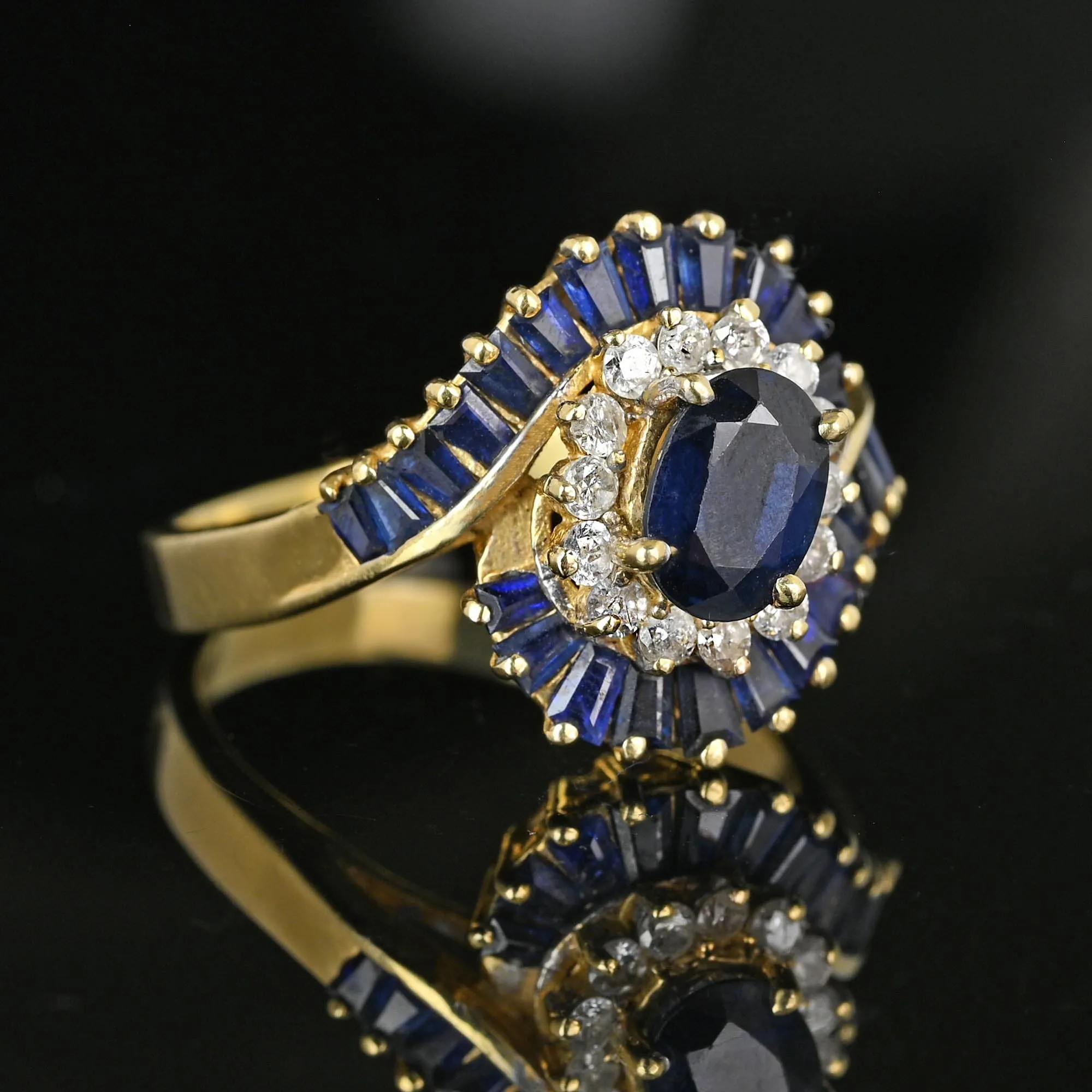 Vintage 14K Gold Bypass Diamond Baguette Sapphire Ring