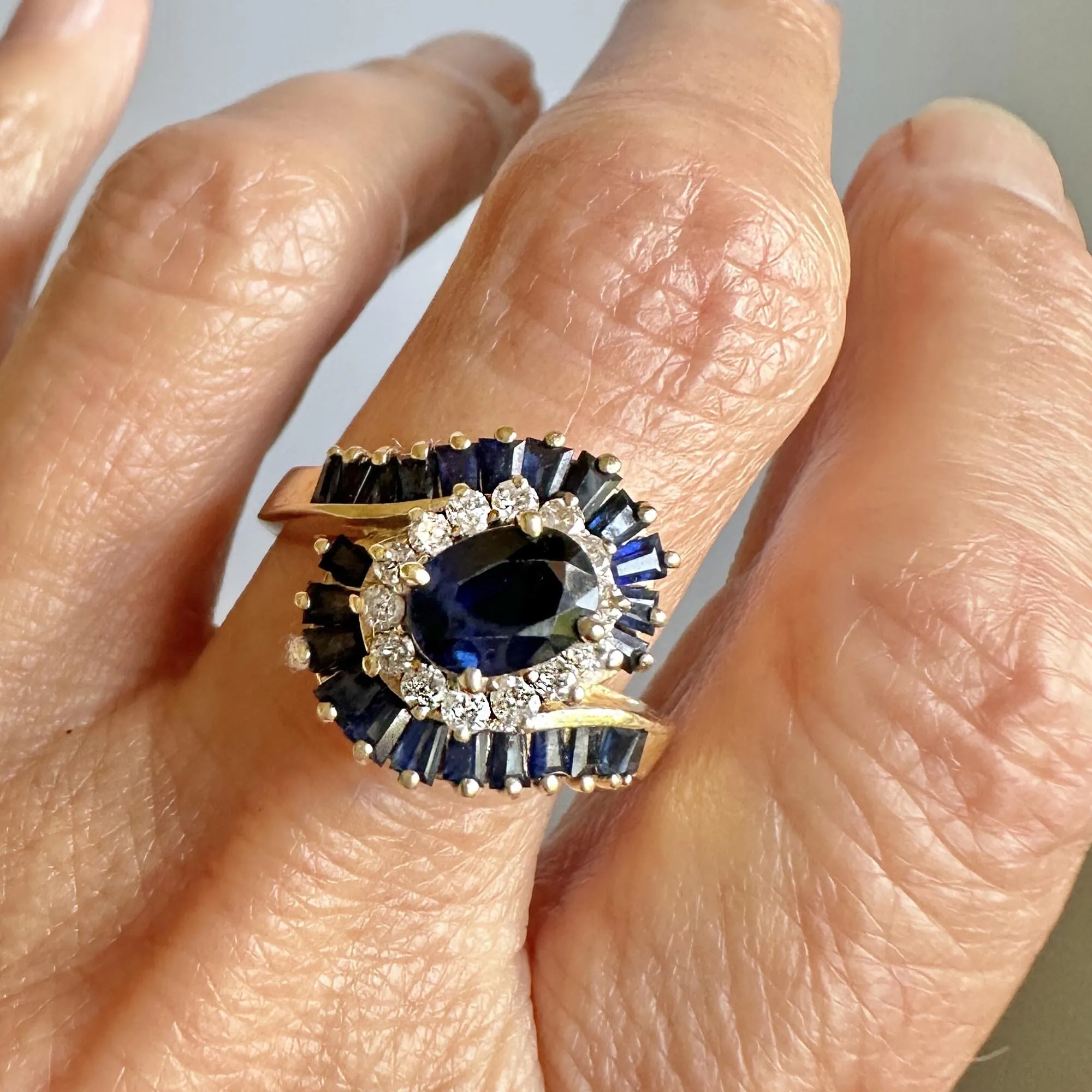 Vintage 14K Gold Bypass Diamond Baguette Sapphire Ring