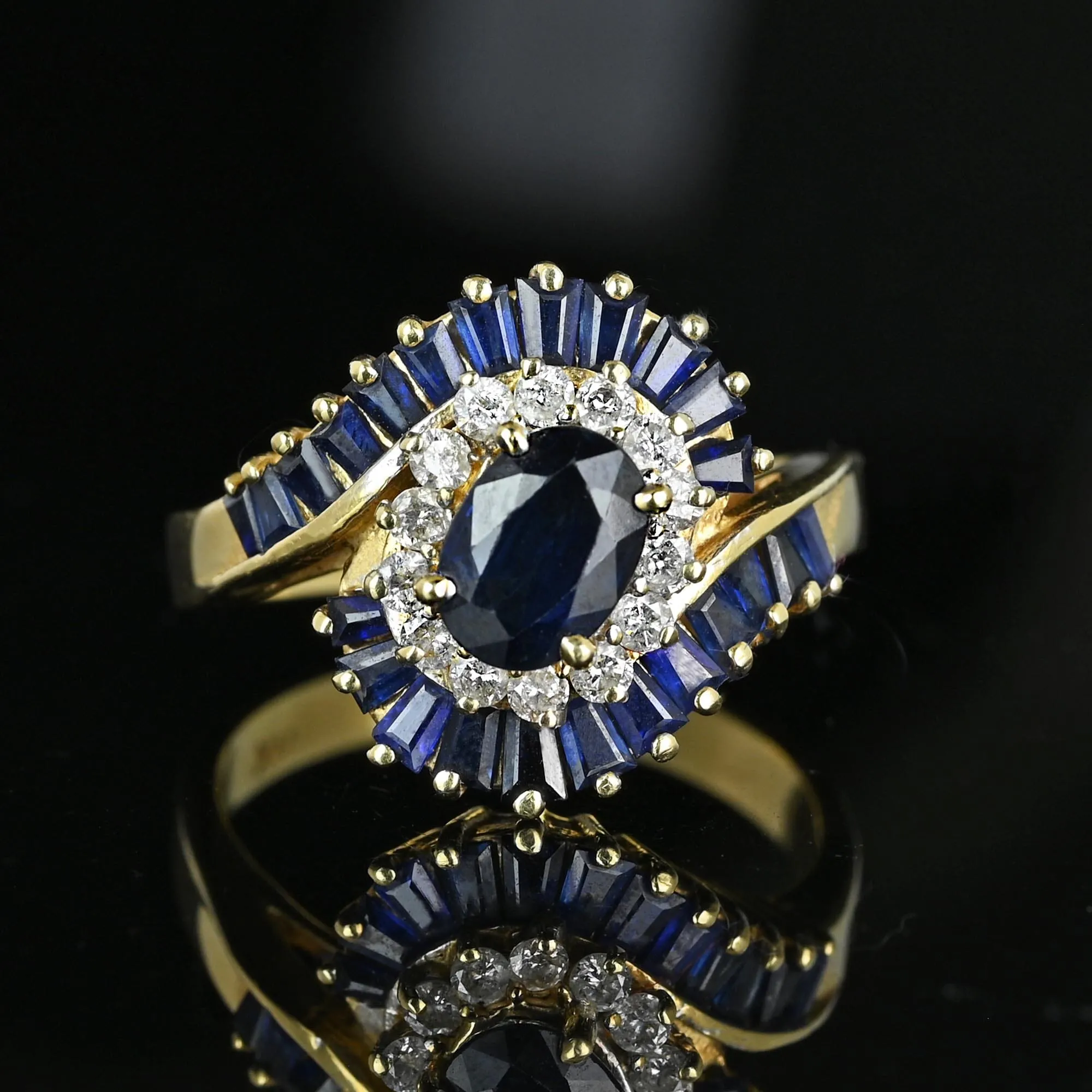 Vintage 14K Gold Bypass Diamond Baguette Sapphire Ring