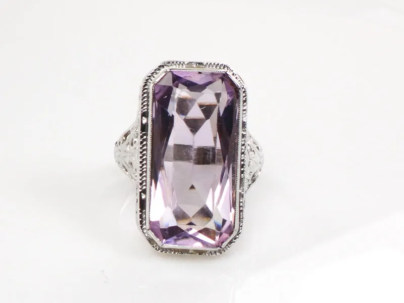 Vintage Art Deco Style 14k White Gold Rectangle Cut Amethyst Filigree Ring