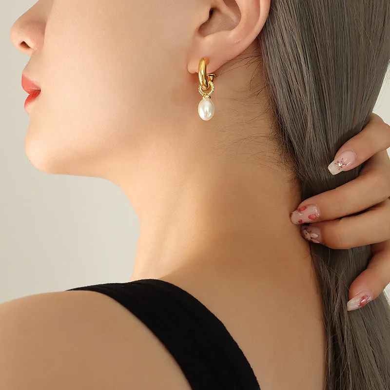 Zircon and Oval Pearl Drop Earrings